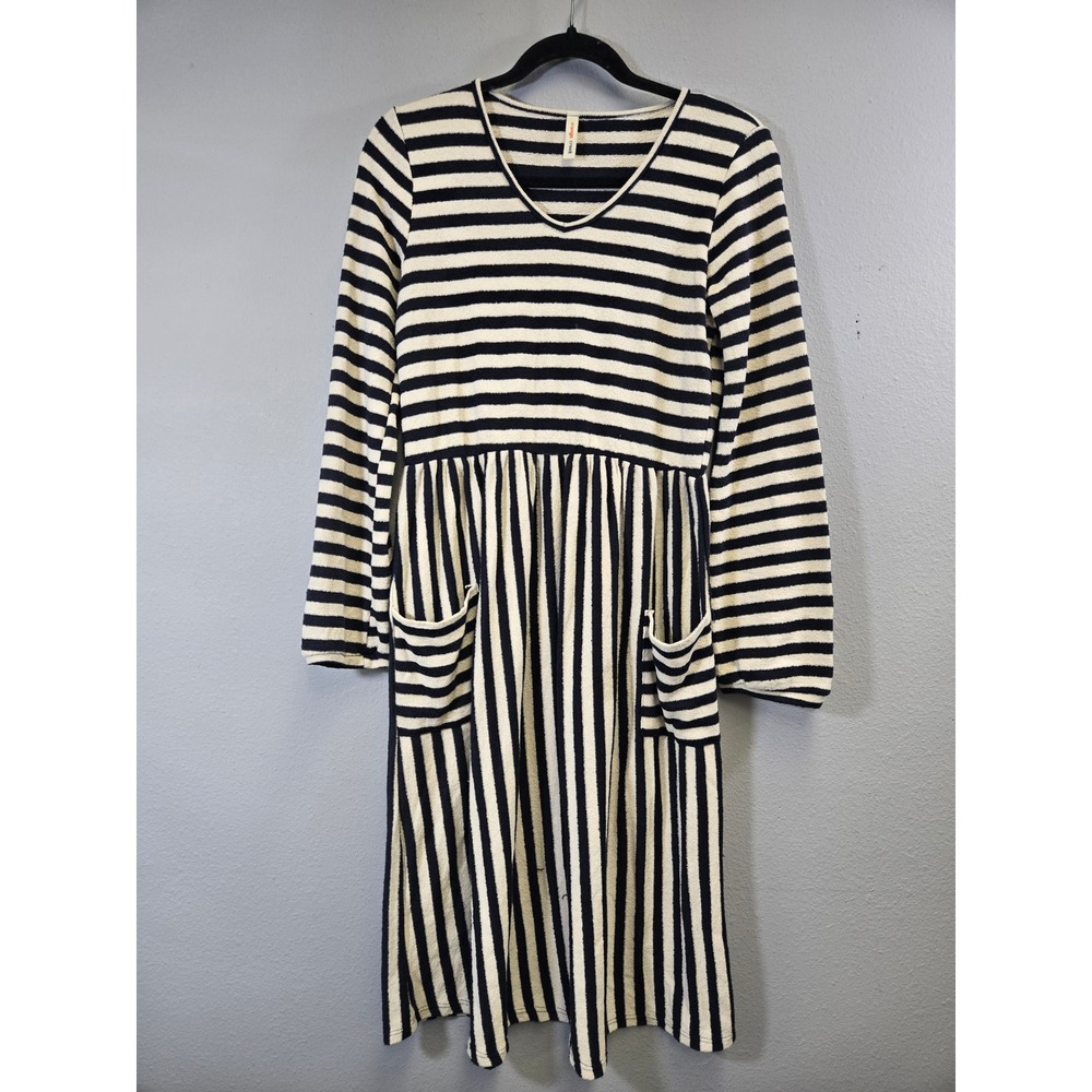 Orange Creek Striped Nautical V-Neck Long Sleeve Knit Midi Dress with Pockets M